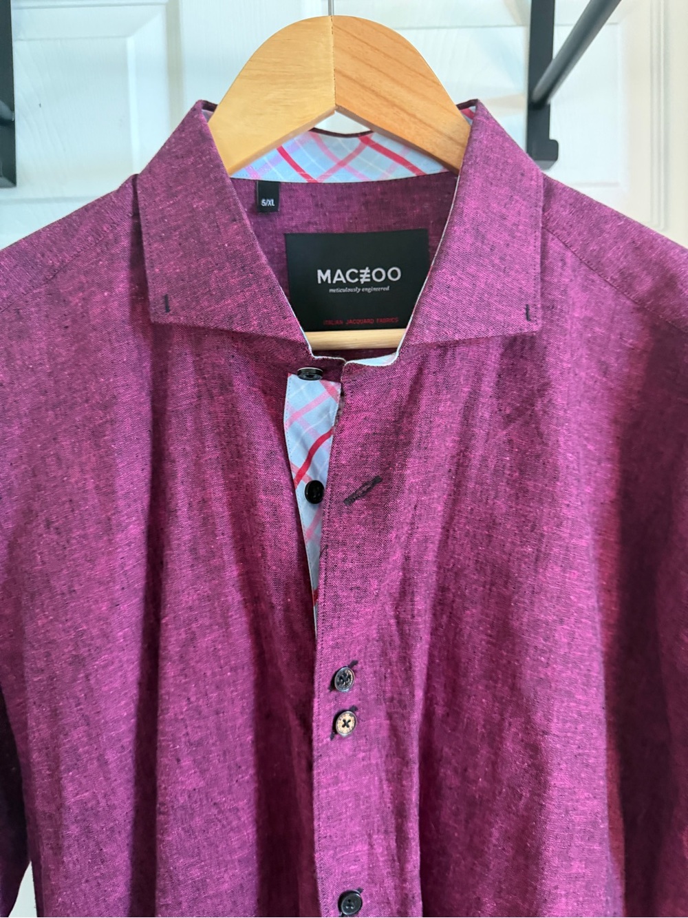 Maceoo Men's Purple Plaid Contrast Trim Linen Shirt XL